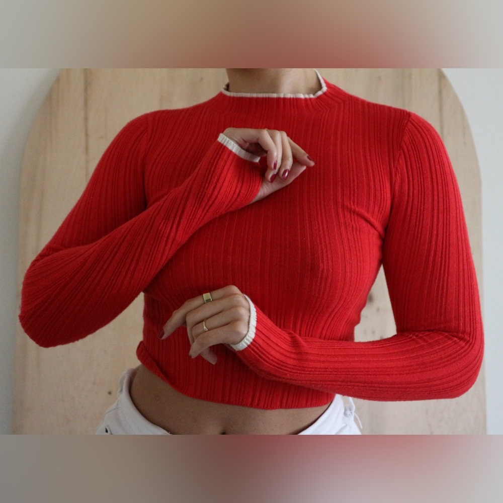 BDG Red Ribbed Long Sleeve Top